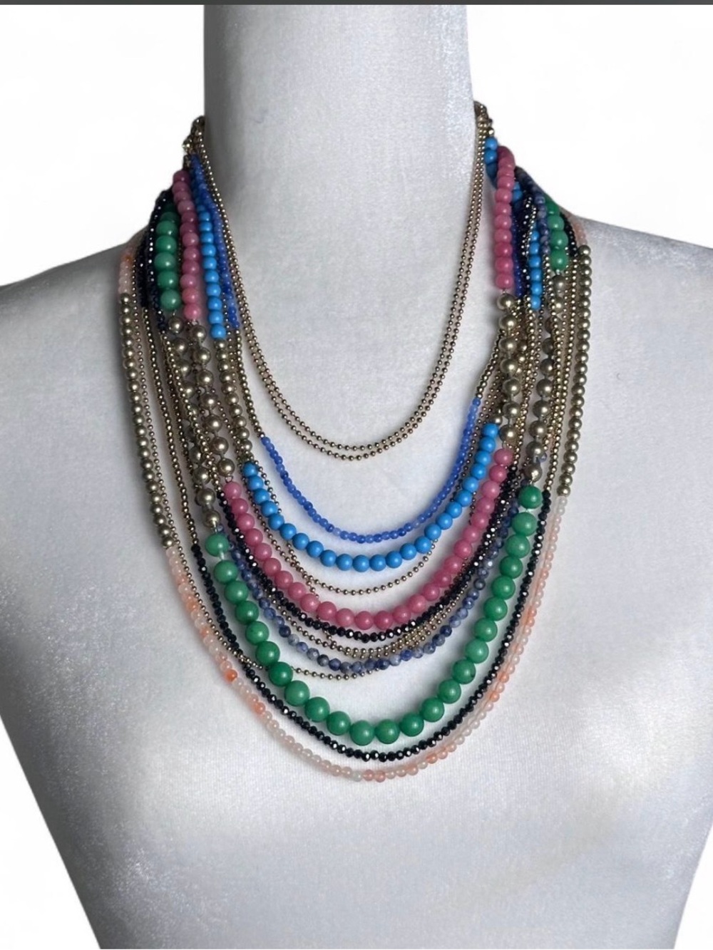 Multistrand Beaded Statement Necklace in Green, Pink & Blue with gold tone
